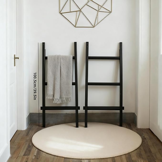 Wooden Blanket Ladder - Natural & Motley Wood - Leaning Wall Decor for Bedroom, Bathroom, Living Room - Rustic Quilt Holder & Towel Rack (Black Wood Color, 76in（6-Tier）)