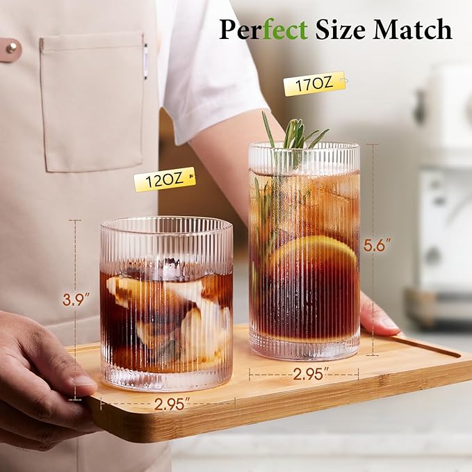 Ribbed Glass Cups Set of 8 - 4 Large Capacity Highball Glasses 17oz, 4 Rocks Glass Cups 12oz, Cocktail Glasses, Drinking Glasses Ideal for Beer, Juice, Water, Ice Coffee Cup, Whiskey, Mixed Drinkware