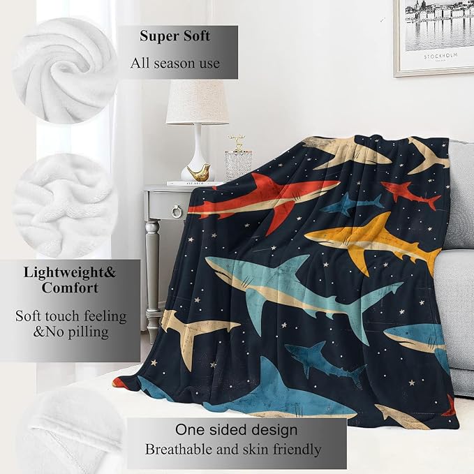 Shark Blanket Vibrant Sharks Dark Throw Blankets,Birthday Gifts for Girls Boys Women & Ocean Lovers,Lightweight Soft Fleece,for Sofa Couch Bed Room Sea Life Decor 40x50in