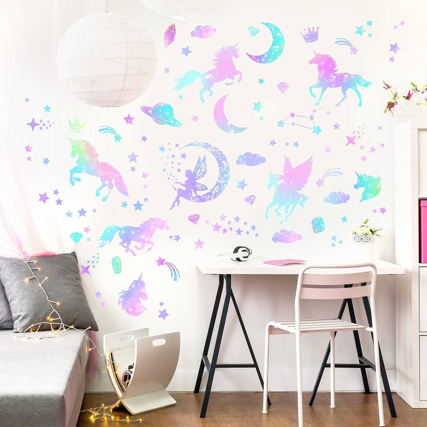 4 Sheets of Unicorn Peel and Stick Wall Decal Glitter Unicorn and Fairy Wall Stickers Cartoon Wall Decals Removable DIY for Bedroom Playroom Living Room Decor