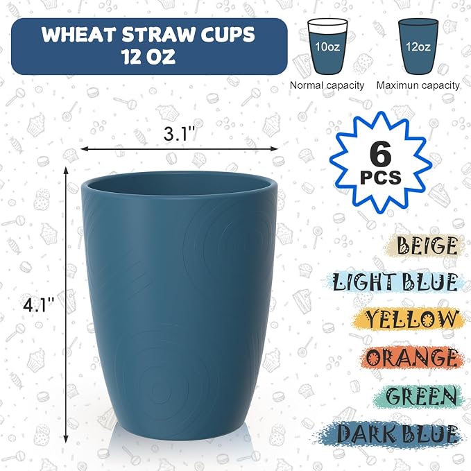 Wheat Straw Cups, Plastic Cups Unbreakable Drinking Cups Set of 6, Reusable Plastic Cup 12 OZ, Dishwasher Safe Tumblers & Water Glasses, Multi