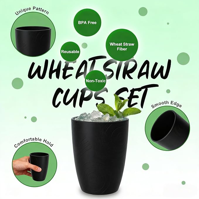 Wheat Straw Drinking Glasses Set of 6, Unbreakable 12 OZ Small Drinking Glasses, Alternative to Plastic Reusable Cups for Kitchen & Outdoor, Dishwasher Safe Cup Set, Black