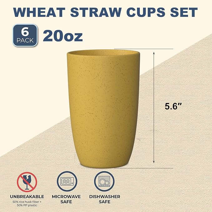 Wrova Wheat Straw Cups 6 PCS Good Alternative to Plastic Reusable Cups 20 oz Unbreakable Drinking Cup Reusable Dishwasher Safe Water Plastic Glasses Yellow Color