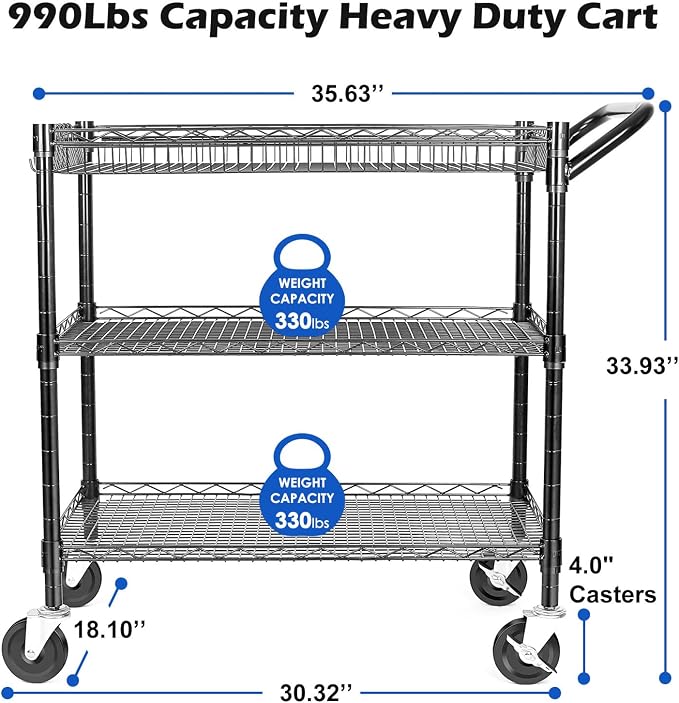WDT 990Lbs Capacity Heavy Duty Rolling Utility Cart, NSF Rolling Carts with Wheels,Commercial Grade Metal Cart with Handle Bar & Shelf Liner,Trolley Serving Cart for Restaurant,Kitchen,Black