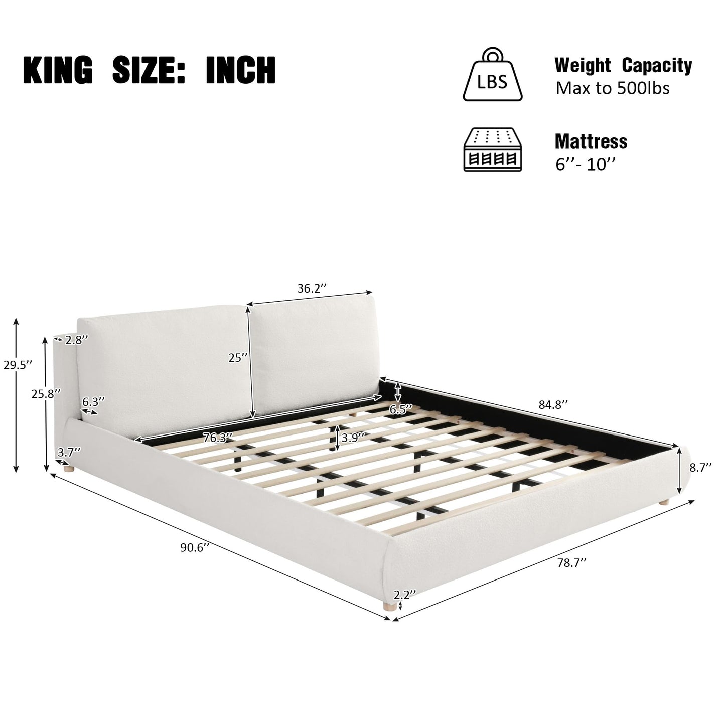 Merax King Size Boucle Fabric Upholstered Platform Bed with Two Removable Pillow Headboard, Wood Bed Frame with Solid Round Legs for Kids Teens Adults, White