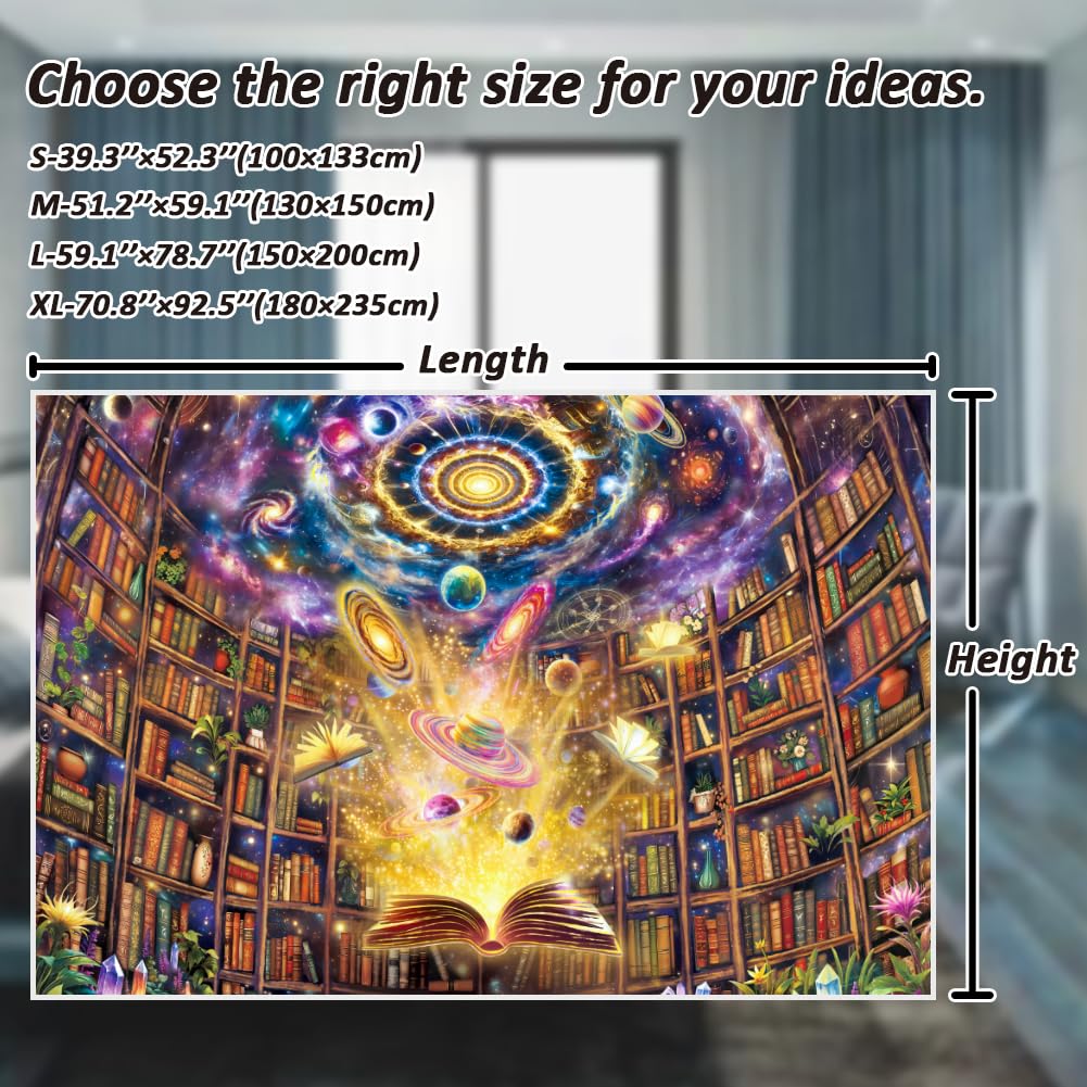 Serborlur Blacklight Bookshelf Tapestry UV Reactive Galaxy Space Library Tapestries Magical Book Planet Bookcase Backdrop Neon Universe Nebula Tapestry Wall Hanging for Bedroom Dorm Classroom