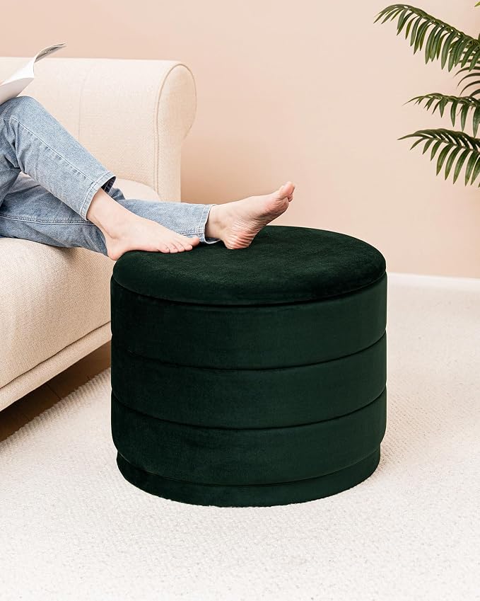B FSOBEIIALEO Round Velvet Storage Ottoman with Tray, Folding Ottoman with Storage Coffee Table Foot Rest for Dorm Room, Living Room Bottle Green, 22.83"x22.83"x17.32"