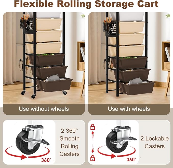 Rolling Cart with Drawers, Rolling Storage Cart with Large Plastic Drawers & Wooden Tabletop, Utility Cart with Pegboards & Basket, Storage Drawers Cart for Living Room, Classroom, Bedroom, Office