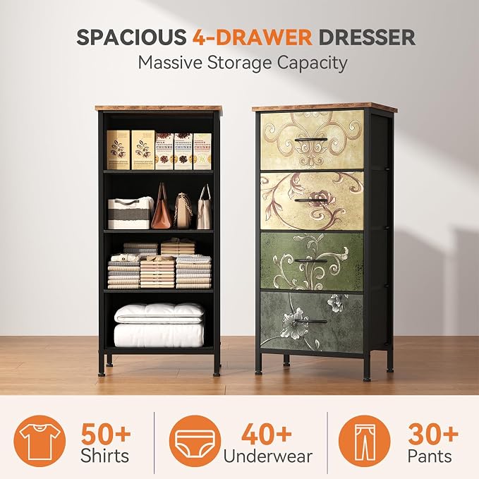 Sweetcrispy 4 Drawer Fabric Dresser Storage Tower Nightstand Chest | Small bedroom dresser and nightstand with sturdy frame,Perfect for closet,entryway,dorm,Easy assembly,Floral Painted