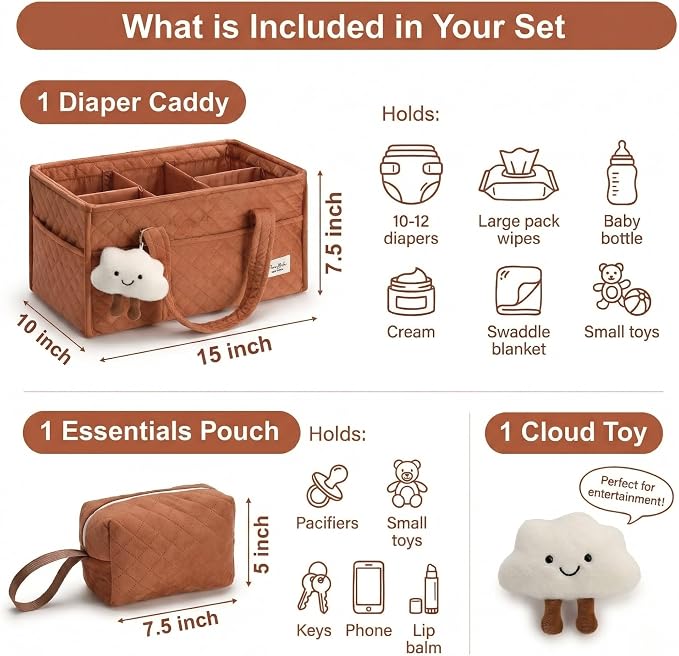 PeraBella Baby Diaper Caddy Organizer, Baby Basket Shower Gift, Portable Changing Table Basket, Postpartum Caddy & Tote Bag Pouch, Newborn Boy & Girl Nursery Essentials Registry, Car Diaper Organizer