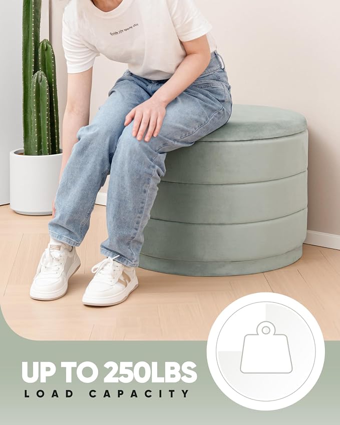 B FSOBEIIALEO Round Velvet Storage Ottoman with Tray, Folding Ottoman with Storage Coffee Table Foot Rest for Dorm Room, Living Room Sage, 22.83"x22.83"x17.32"