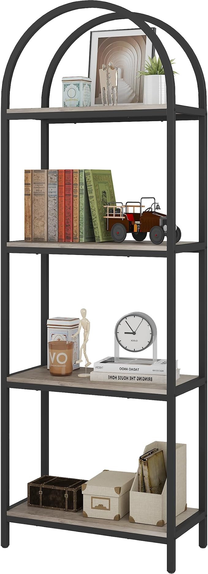 Yusong Bookshelf 4 Tier Arched Bookcase, 71.3" Tall Industrial Open Book Shelves for Living Room, Modern Freestanding Display Shelving Storage Rack Metal Frame, Office, Bedroom, Grey