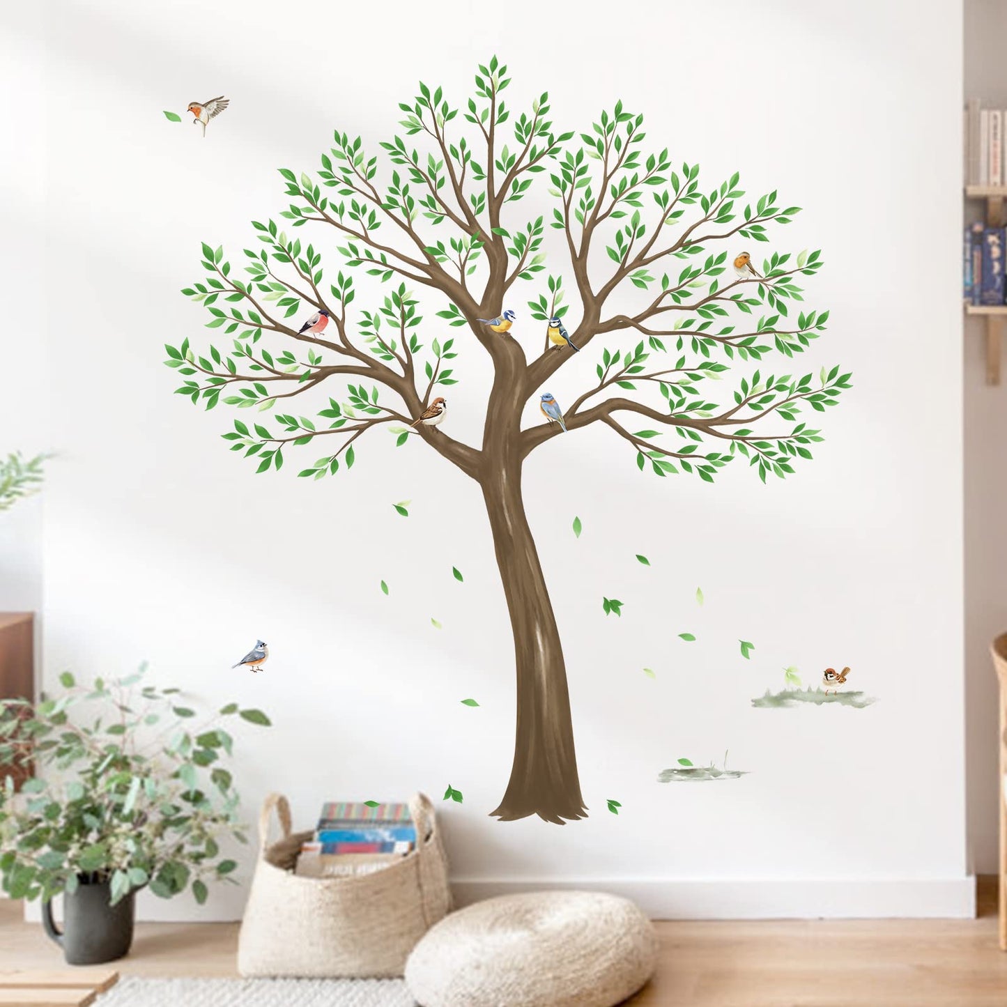 wondever Large Tree Wall Stickers Green Leaves Birds Peel and Stick Wall Decals for Living Room Bedroom TV Wall (H: 63inches)