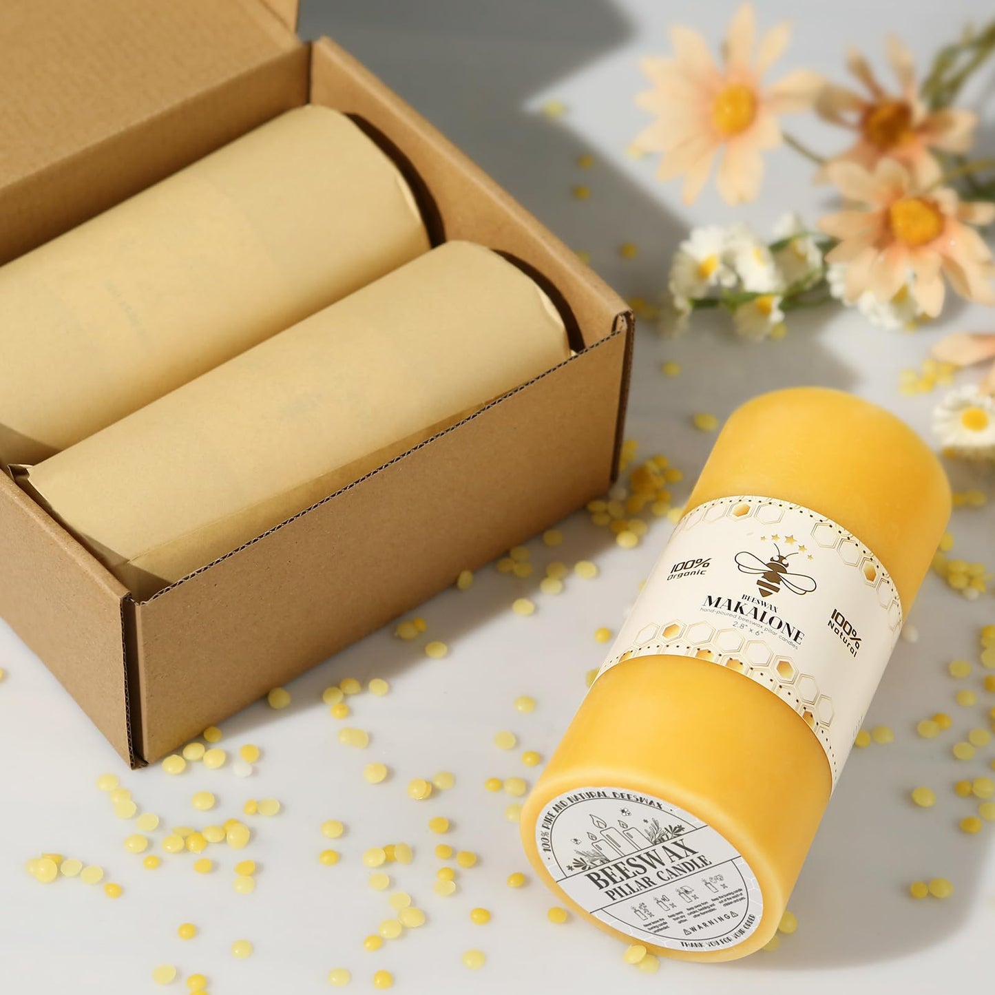 Natural Beeswax Pillar Candles,100% Pure Beeswax Candles-190 Hours Long Burning,Unscented Bees Wax Candles for Home,Prayer,Emergency,Dripless Smokeless Organic Pillar Candles Bluk-2.8x6in-2pack