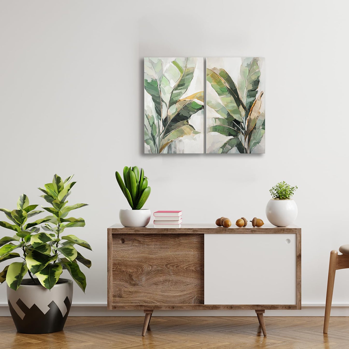 Botanical Wall Art Set Hand Painted, for Living Room plant wall art,Green Tropical Plant Leaf Wall Decor, Modern Banana Leaf Wall Painting, for Bedroom, Dining Room, Office - 12x20 Inch 2pack