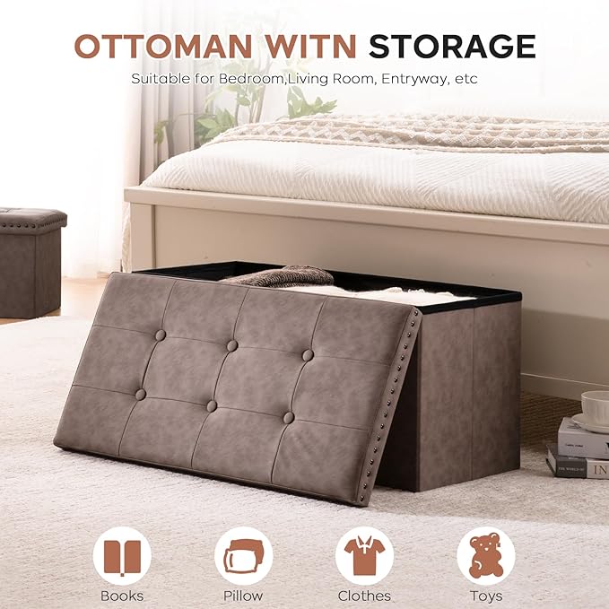 30 Inches Storage Ottoman Bench, Foldable Foot Rest with Rivet Design, 15 x 30 x 15 Inches, End of Bed Bench Footstool, Storage Chest, Load up to 330 lb, for Living Room, Bedroom, Entryway, Oak Brown