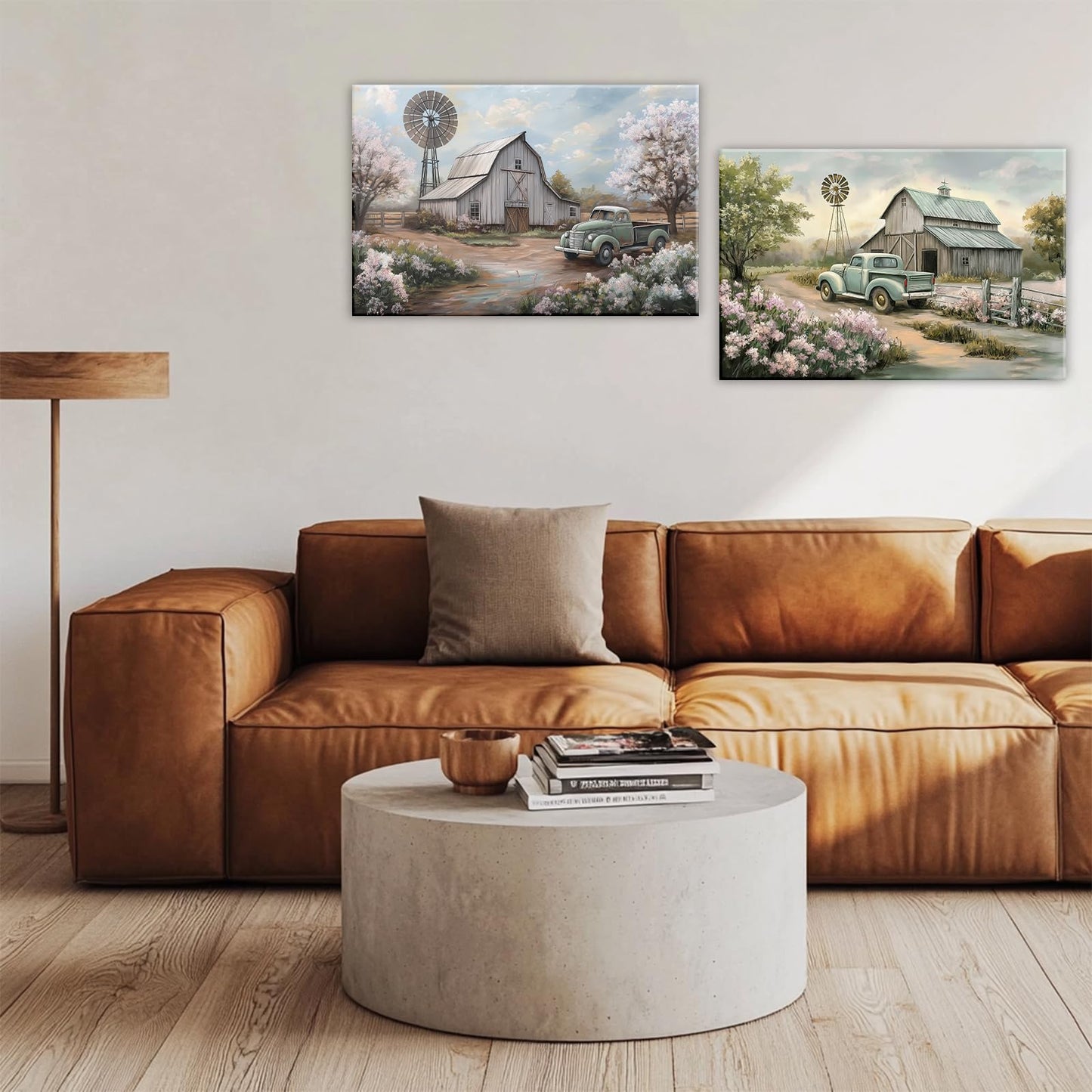 OAAPITI Barn Canvas Wall Art 2 Panel Rustic Farm Nature Landscape Pictures Wall Decor Retro Pink Flower Field Windmill Posters Artwork For Bathroom Bedroom Living Room(Artwork-2,12"x16"x2pcs)
