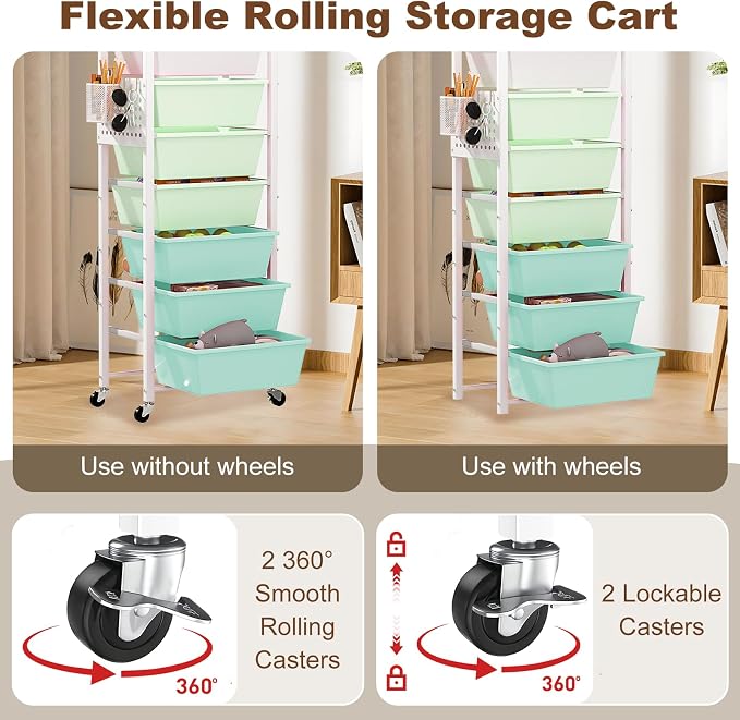 Rolling Cart with Drawers, Rolling Storage Cart with Large Plastic Drawers & Wooden Tabletop, Utility Cart with Pegboards & Basket, Storage Drawers Cart for Living Room, Classroom, Bedroom, Office