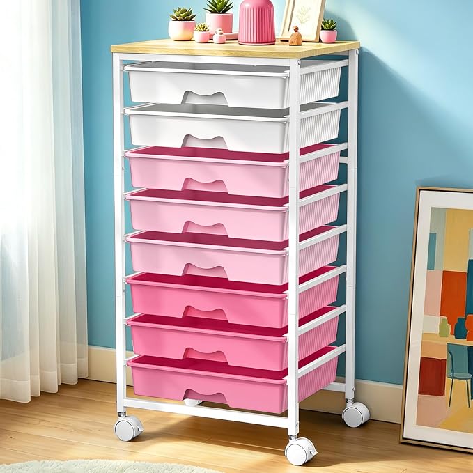 SUNALLY Rolling Storage Utility Cart With 8 Drawers, Storage Drawer Cart with Wooden Tabletop and 2 Lockable Wheels, 8 Tier Rolling Cart for Craft Art Supply Storage & Home Office Organization, Pink