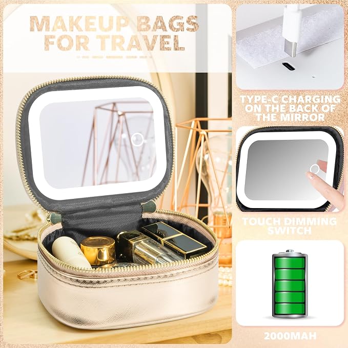Mini Makeup Bag with Led Mirror, Small Travel Make up Bag 3 Light Modes Adjustable Brightness, for Women Organizer Cosmetic Bag, Portable Travel Train Toiletry Bag, for Pool Parties Work Touch-Ups