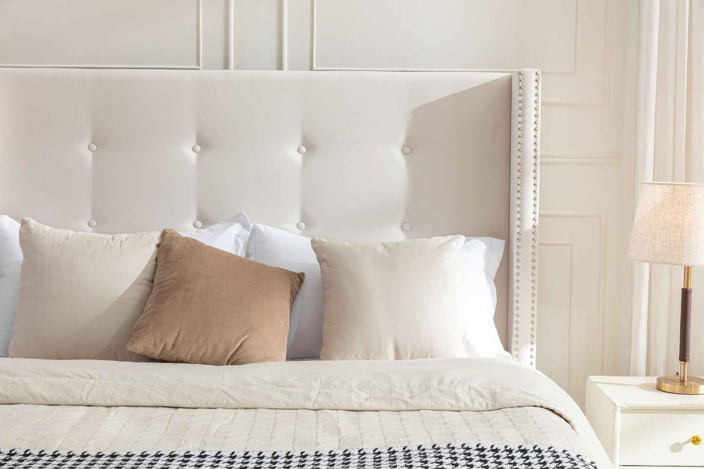 GDFStudio Tall Headboard Upholstered Bed,Queen Size Platform Bed Frame with Headboard Nailhead Trim Wingback,54" High No Box Spring Needed Easy Assembly Traditional Hand Buttoned Tufting Ivory Velvet
