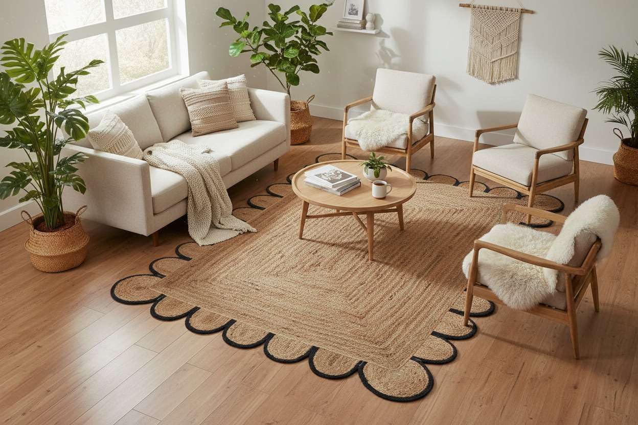 Scalloped Handwoven Jute Rug 2×4 Ft – Braided Natural Fiber Area Rug, Eco Friendly Boho Farmhouse Entryway Doormat Carpet for Living Room Bedroom Kitchen Hallway Decor