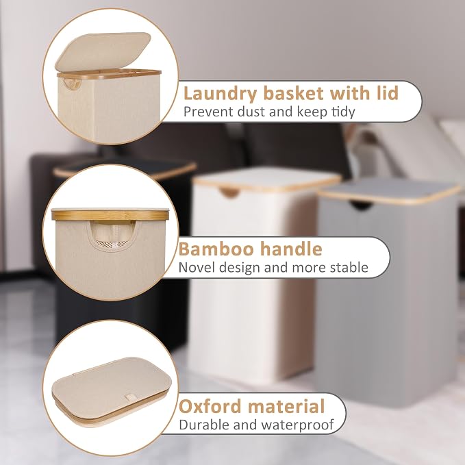 iEGrow 65L Slim Laundry Hamper, Narrow Laundry Basket with Lid,Foldable Clothes Hamper with Bamboo Handles,Hamper Basket with Removable Inner Bag for Laundry Room Bedroom College Dorm,Oatmeal