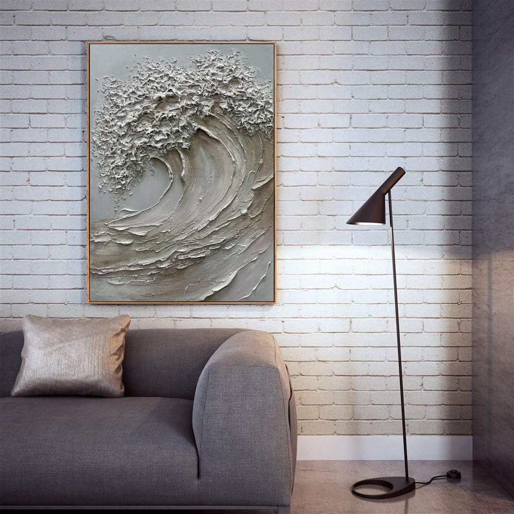 V-inspire 3D Textured Wave Canvas Wall Art, 24 x 36 inches, Hand-Painted Oil Painting with Wood Frame, Modern Abstract Ocean Decor