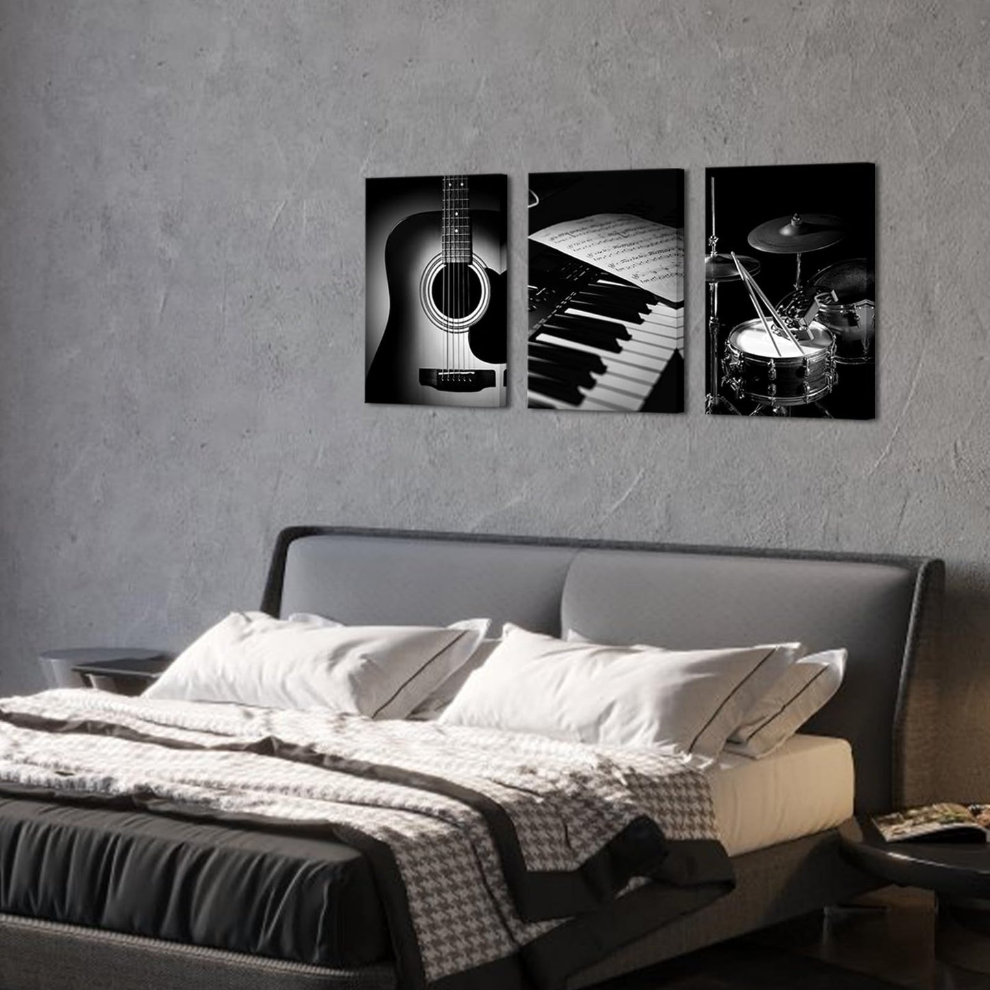 PoGoXiPoYo 3 Pieces Black and White Music Wall Art Canvas Prints Piano Guitar Drum Set Musical Instrument Pictures Rock Band Artwork Music Wall Decor for Studio Bedroom Home 16x24inchx3