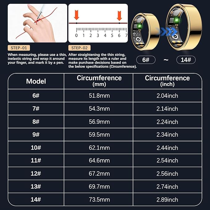 Ring Health Tracker for Women Men, Fitness Tracker with Heart Rate, Blood Oxygen, Sleep Monitor, Calories, Step Counter, IP68 Waterproof Smart Ring for iPhone & Android, No Subscription Fee (Gold, 7#)