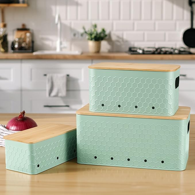Kitchen Vegetable Storage Set of 3, Metal Onion Garlic Potato Storage Set, Kitchen Canisters Vegetable Keeper Containers with Aerating Holes and Bamboo Lid,Embossed Saga Green
