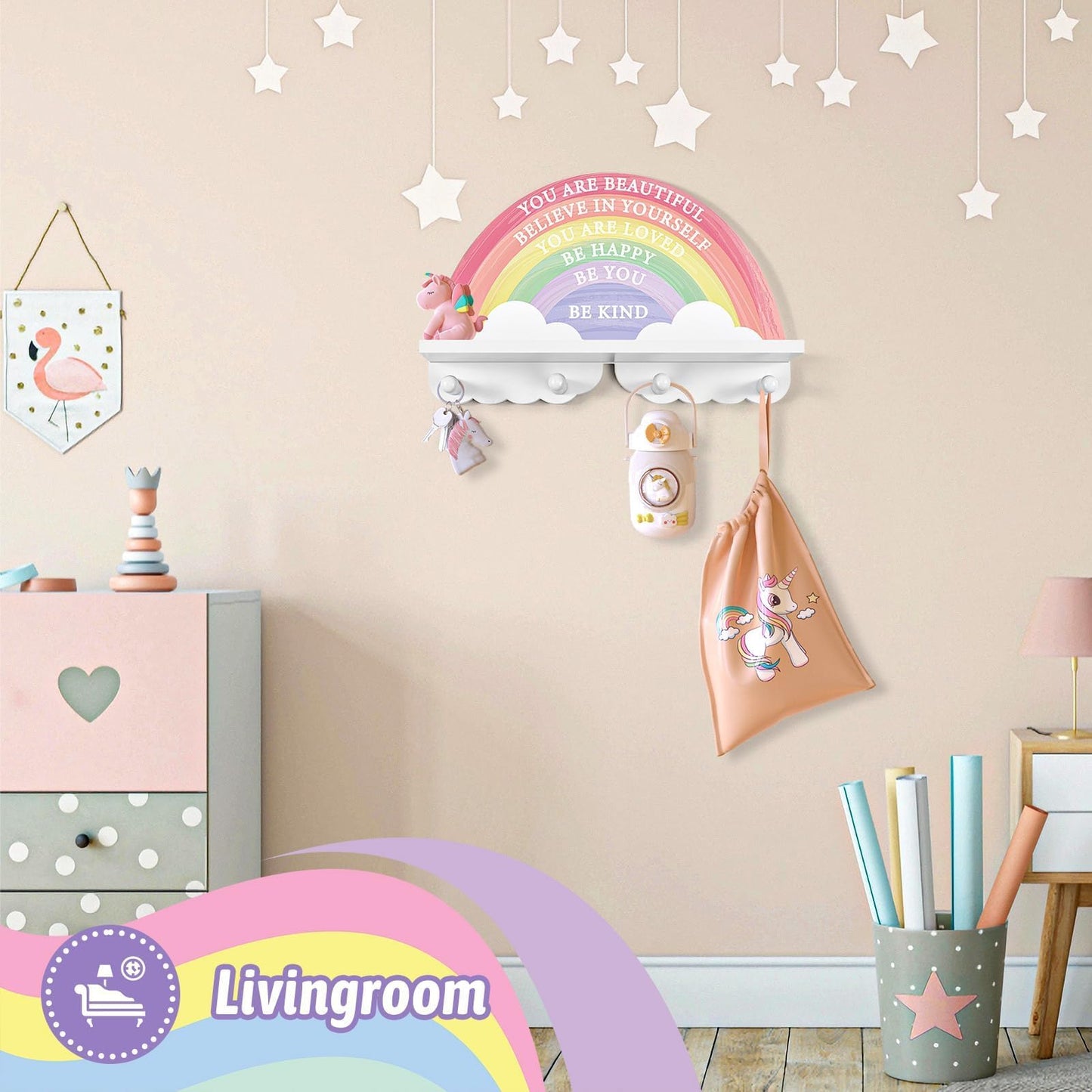 Garybank Rainbow Shelf Decor for Girls Room Wall, Wooden Rack with 4 Pegs Hooks - Wall Mount Coat Rack, Boho Rainbow Classroom Decor, Bedroom & Bathroom Decoration, Unicorn Girl Gifts for Christmas