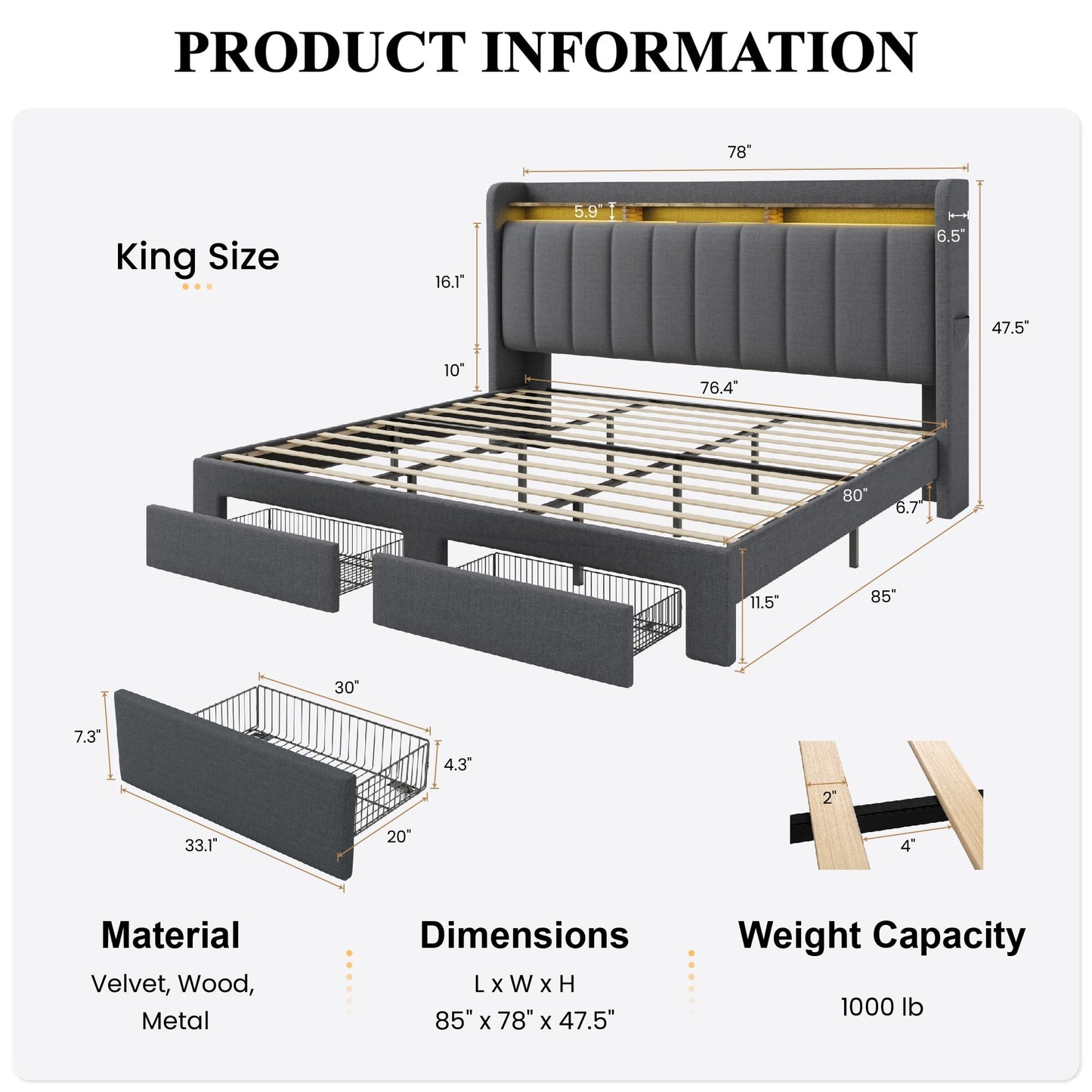 SHA CERLIN King Size Platform Bed Frame with Vertical Channel Tufted Wingback Headboard & 2 Storage Drawers/2-Tier Shelves with LED Lights & Charging Station/Noise-Free/No Box Spring Needed/Dark Grey