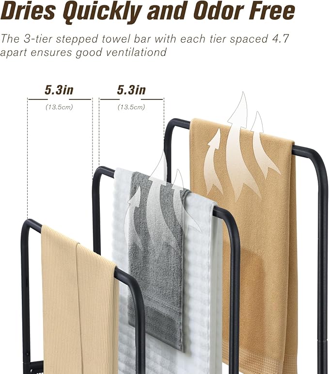44" Extra Large Free Standing Towel Rack - 3 Tier Outdoor Pool Towel Holder, Versatile Blanket and Quilt Rack Stand for Living Room, Bathroom, Bedroom, Beach, Hot Tub, Gym and Pool Area Outside