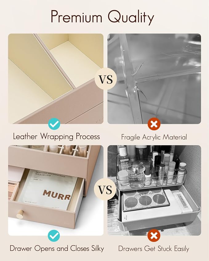 VLANDO Makeup Organzier,Vanity Organizer with Drawers, PU Leather Skincare Organizer Perfume Organizer,Large Cosmetic Display Case for Lipstick,Brushes Gifts for Women, Toffee, 4 Layer