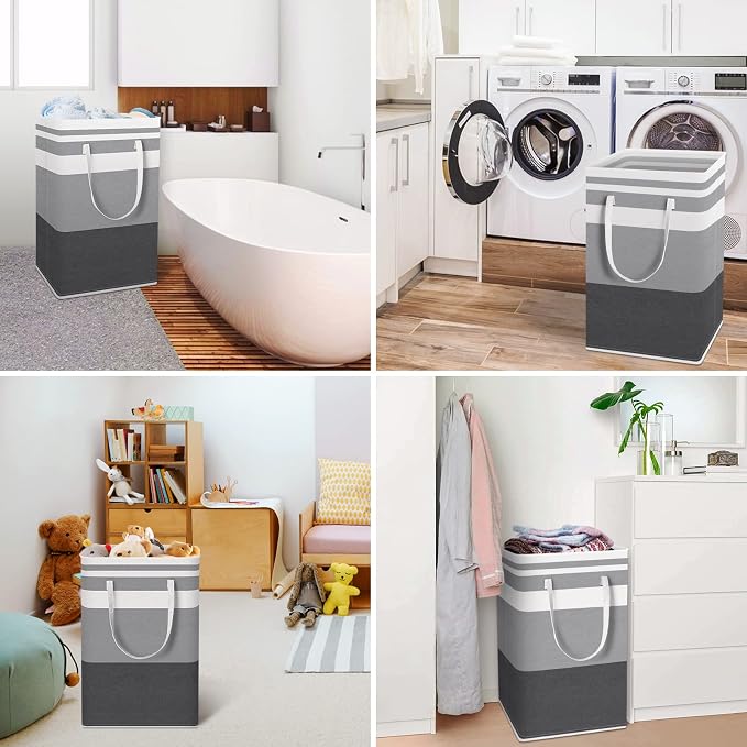 HomeHacks 4-Pack Large Laundry Basket, Waterproof, Freestanding Laundry Hamper, Collapsible Tall Clothes Hamper with Extended Handles for Clothes in the Dorm and Family-(Gradient Grey, 88L)