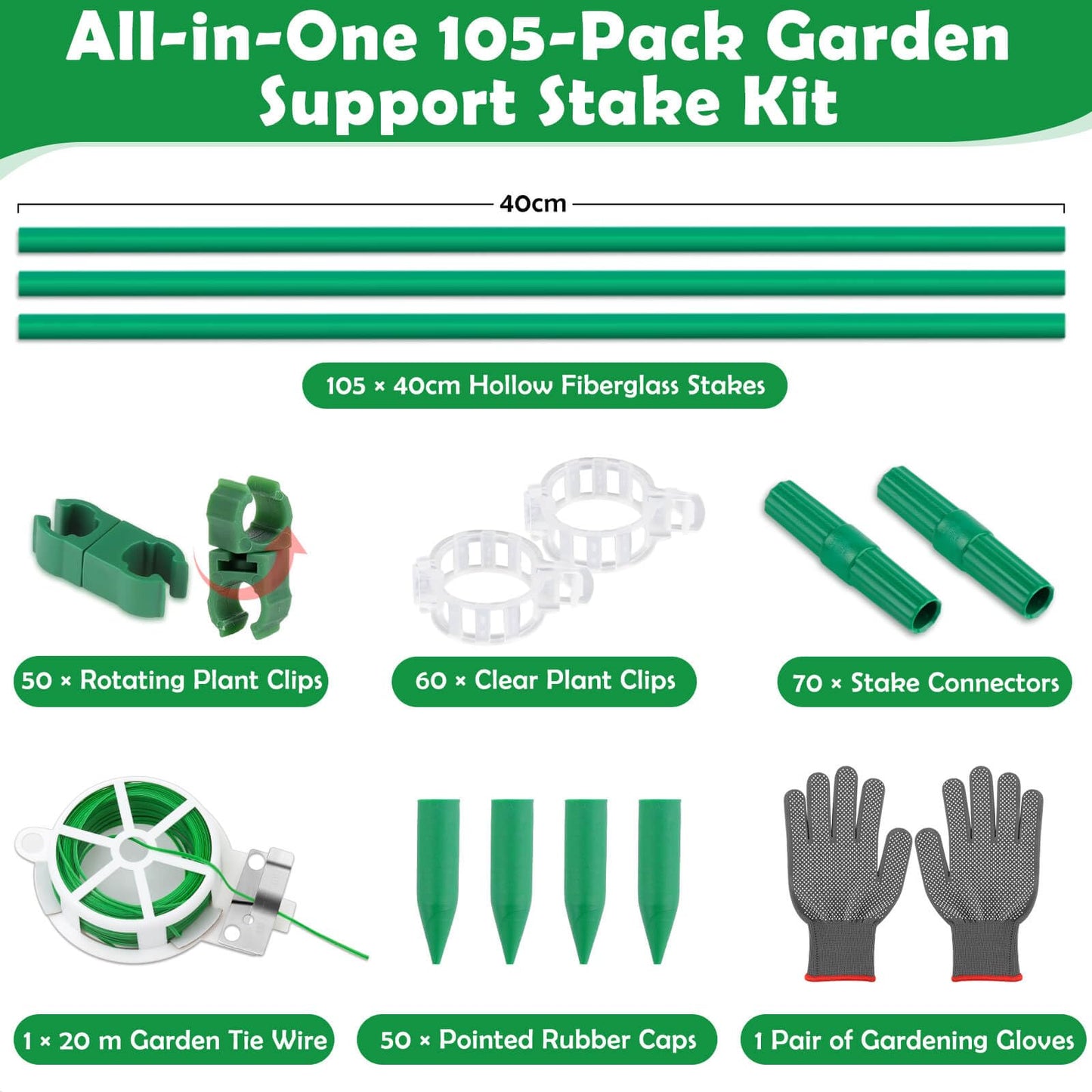 Tetutor 337 PCS Garden Stakes, Fiberglass Tomato Stakes, Garden Sticks with Accessories, 105 Sets DIY 4ft, 5ft, 6ft, 7ft Plant Stakes, Plant Sticks Supports for Indoor Outdoor Plants, Vegetables