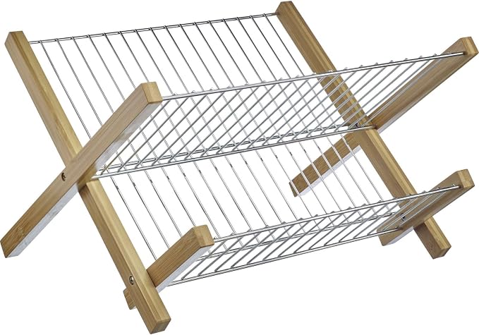 Westmark Tilo Dish Drainer - Foldable Dish Rack for Drying Tableware, Cutlery and Glasses, Dish Drainer for Sink - Bamboo, Stainless Steel