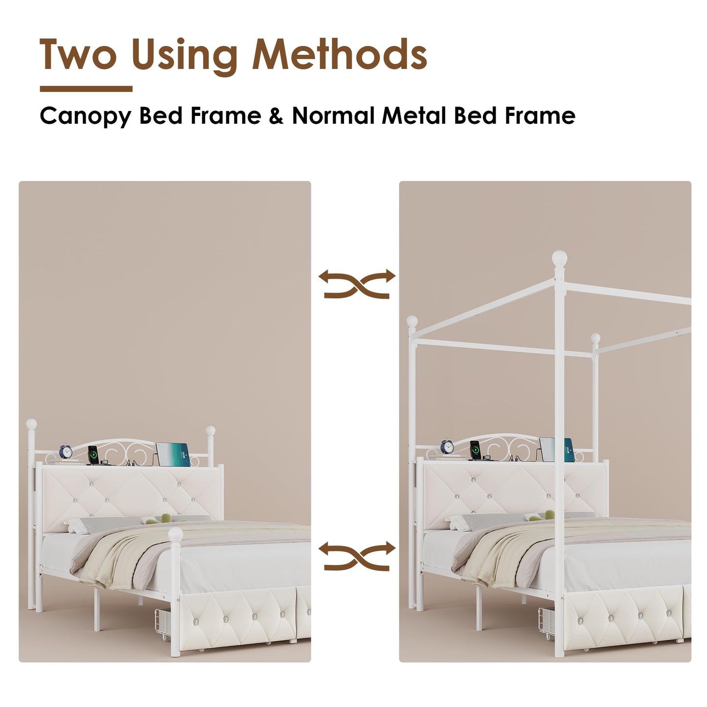 Full Upholstered Canopy Bed Frame with 2 Drawers & Crystal Tufted Storage Headboard Metal Platform Bed with Charging Station & 4 Removable Posts No Box Spring Needed Curtain Not Included, Beige