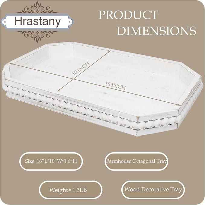 Hrastany Whitewashed Wood Serving Tray with Beads, Farmhouse Decorative Tray for Table Centerpiece, Christmas Wedding Halloween Home Decor