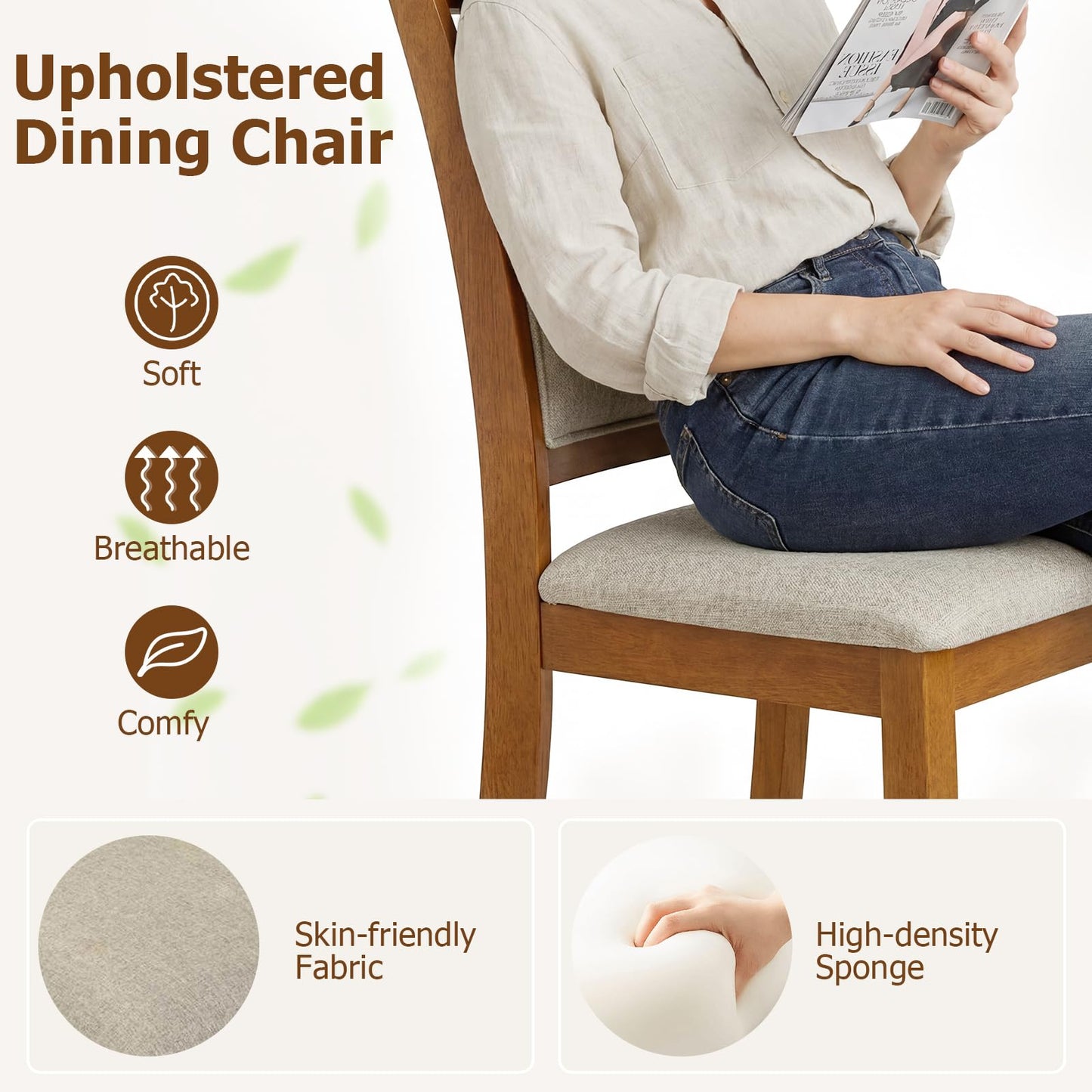 Giantex Wooden Dining Chairs Set of 4, Farmhouse Side Chairs w/Solid Rubber Wood Frames, Comfortable Backrests, Upholstered Fabric Kitchen Chairs, Perfect for Dining Room, Restaurant