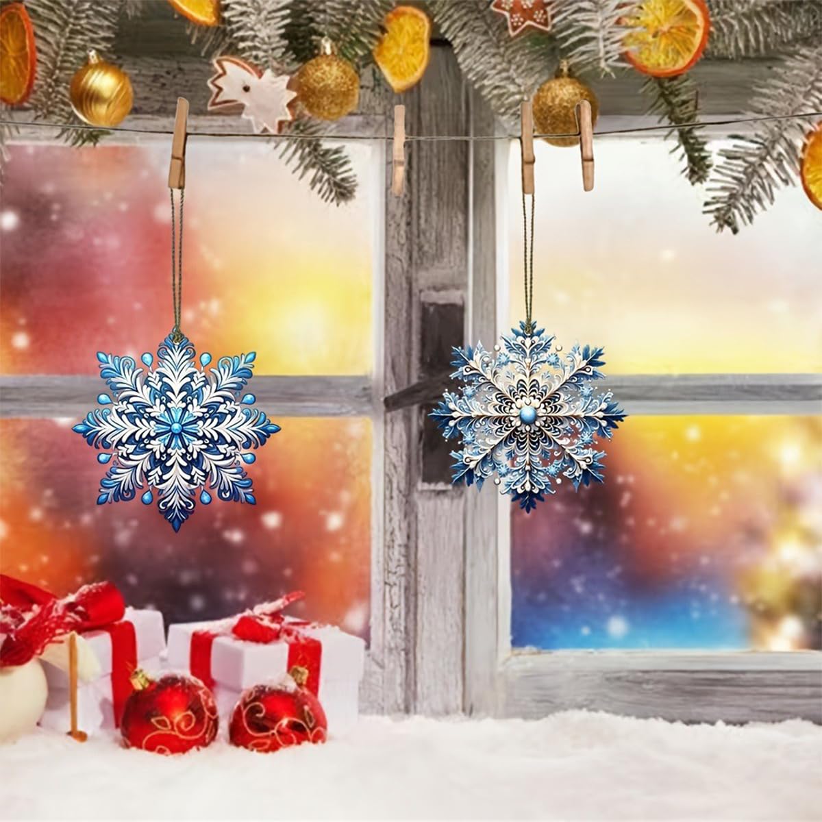 12Pcs Christmas Tree Decorations Christmas Snowflake Wooden Ornaments Christmas Decor Creative Blue Snowflake Christmas Ornaments for Tree Winter Home Decoration Holiday Party DIY Crafts