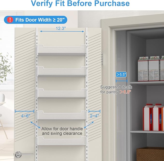 VyGrow 12.3" W Narrow Over the Door Pantry Organizer, 6-Tier Over the Door Organizer with Adjustable Basket, Pantry Door Organization for Pantry Kitchen Storage Room Spice Rack, White