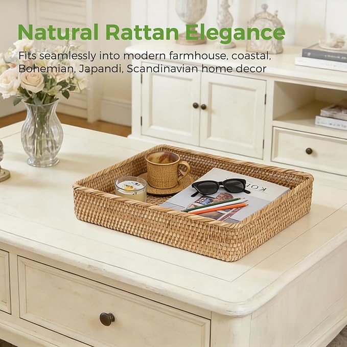 Wicker Storage Tray, Rattan Basket Rectangular for Bathroom Living Room, Decorative Serving Woven Trays Wicker Baskets for Organizing Home Decor XL(17.7" × 13.4")