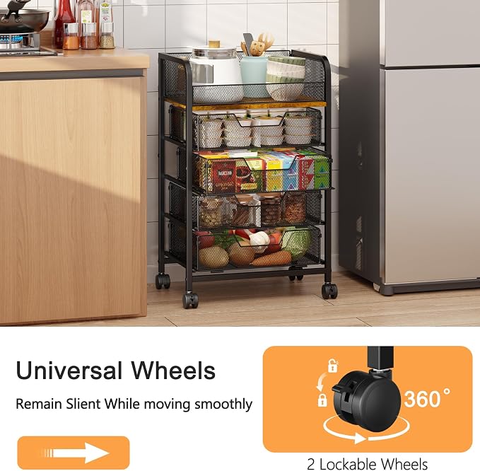 5-Tier Rolling Kitchen Cart with Drawers - Kitchen Storage Cart on Wheels,Pantry Snack Cart,Fruit and Vegetable Storage Cart with Wood Top,Rolling Utility Cart for Potato and Onion Storage