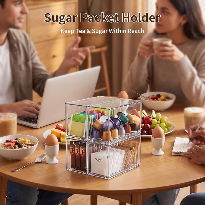 6 Pack Tea Bag Organizers, Clear Tea Packet Storage Bins for Pantry Countertop, Tea Station, Kitchen Cabinet, Stackable Teabag Holder Acrylic Drawer Organizer for Coffee Pods, Spice & Sugar Packets