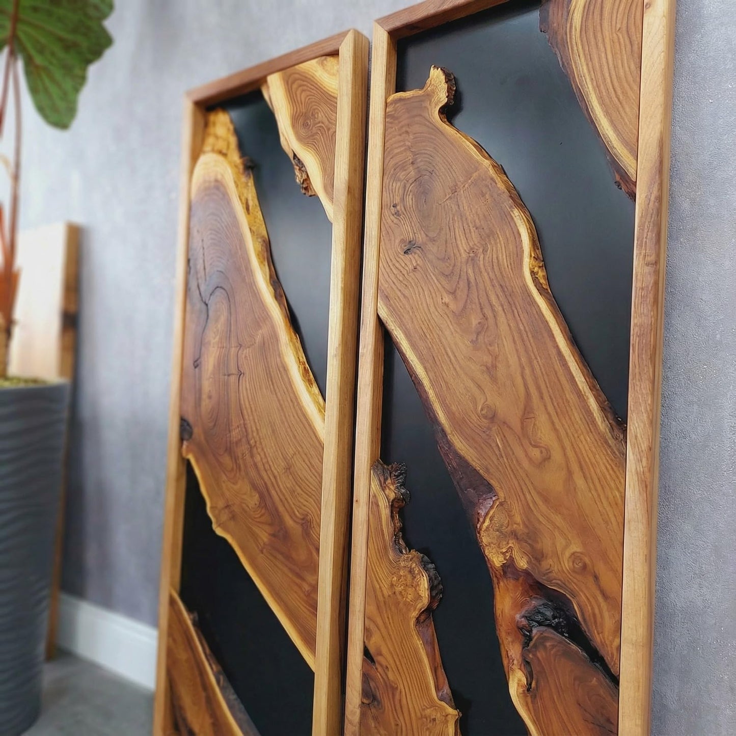 Modern Rustic Wall Art - Live Edge Olive Wood Single Panel Decor - Black Background Wood Art - 14"x30"