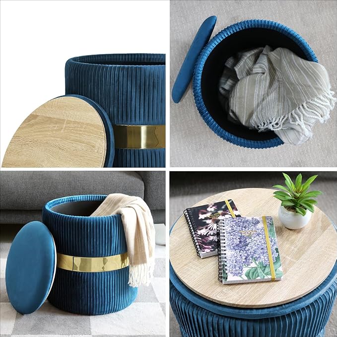 YYW HOME Blue Round Ottoman with Storage Set of 2 Vanity Stool Foot Rest with Removable Lid Blue Velvet Storage Ottoman Stool for Living Room and Dorm (Gold and Blue)