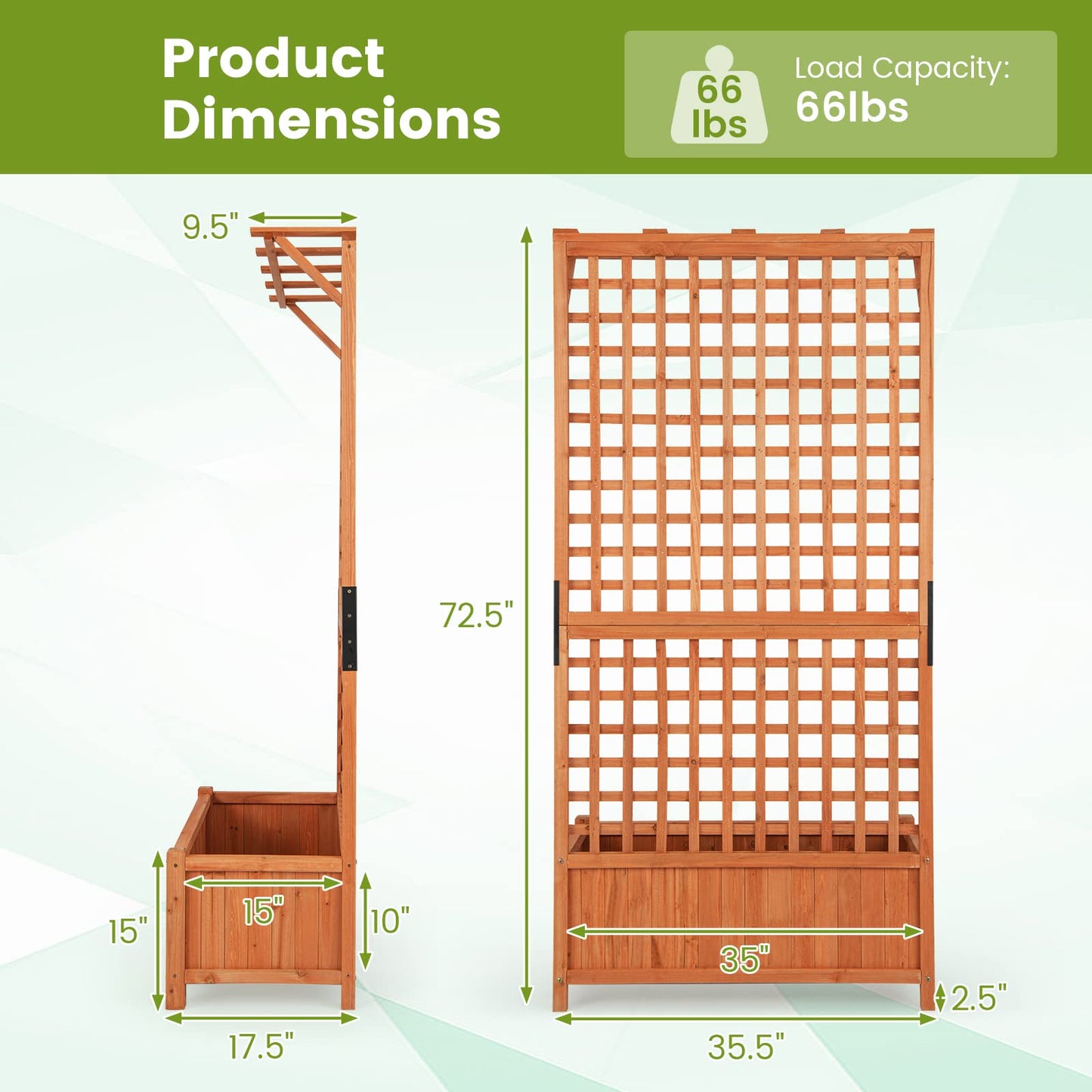 HAPPYGRILL 2 Pcs Raised Garden Bed, 72.5" Garden Planter with Trellis, Drainage Holes, Freestanding Garden Planter for Vine Climbing Plants, Wooden Planter Box for Yard Balcony