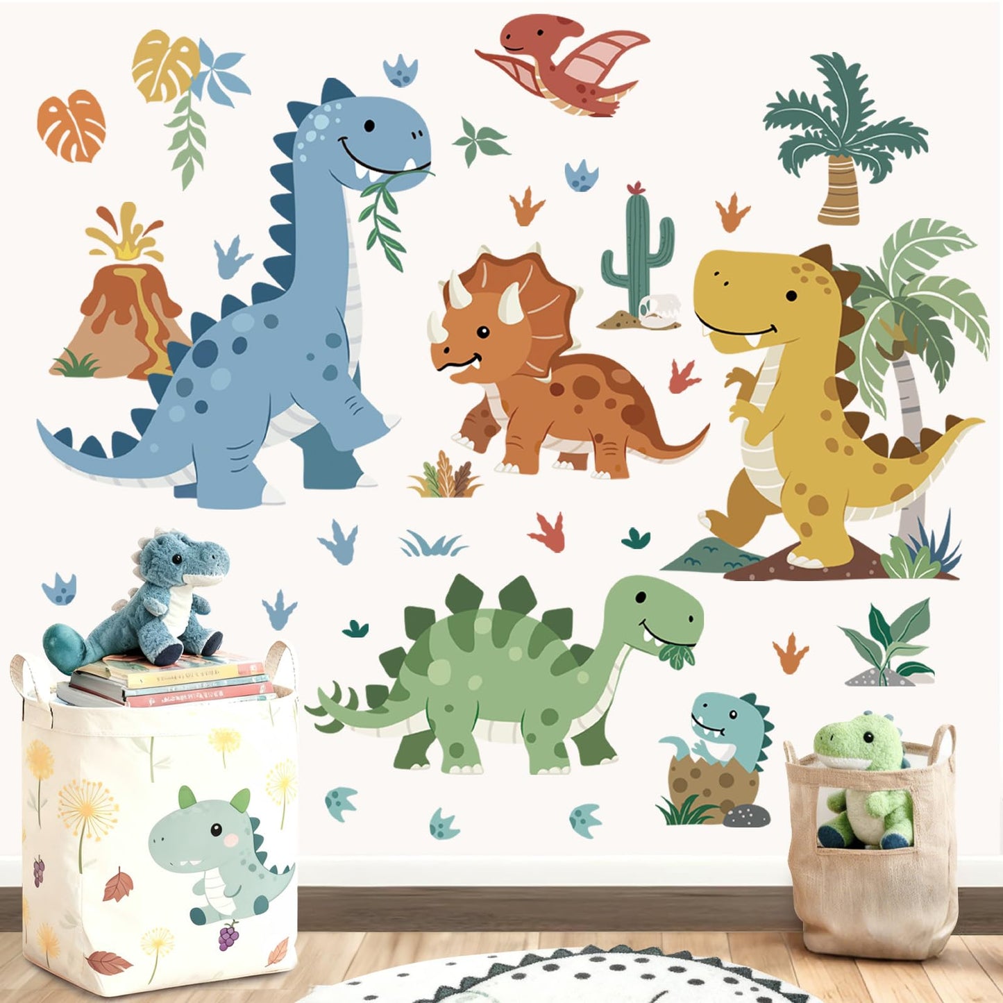 decalmile Boho Dinosaur Wall Decals Dino Tropical Plants Palm Tree Volcano Wall Stickers Boys Bedroom Toddler Kids Room Baby Nursery Home Décor